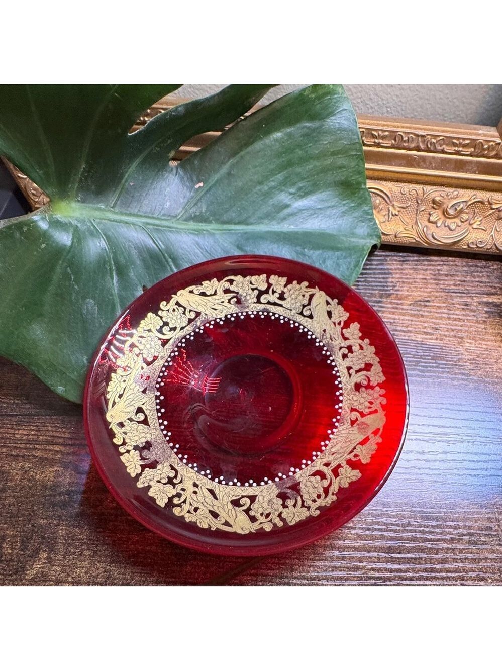 Antique Moser Ruby Hand BlownSaucer Gold Pattern Rare Grapevive Pattern
